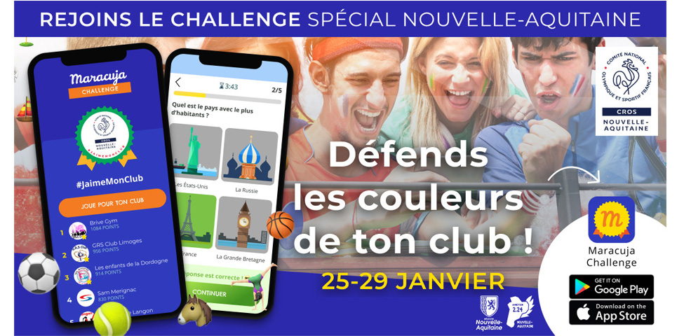 Le CROS Nouvelle-Aquitaine, lance un Challenge digital #JaimeMonClub du 25 au 29 janvier. Basé sur les valeurs du sport et de l’Olympisme, il invite tous les licenciés de Nouvelle-Aquitaine à défendre les couleurs de leurs clubs à travers un quiz digital.